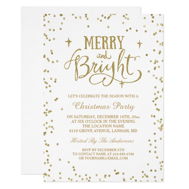 Merry And Bright Gold Glitter Dots Christmas Party Invitation