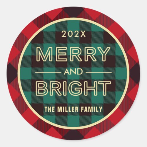 Merry and Bright Gold Green Red Plaid Classic Round Sticker