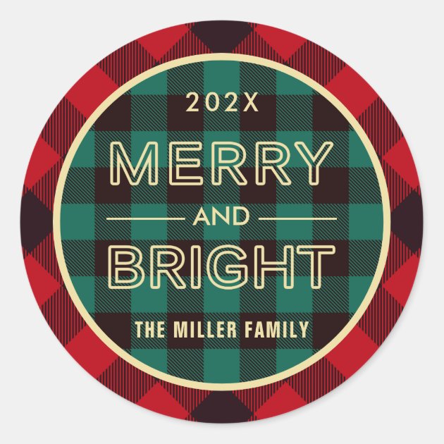 Merry And Bright Gold Green Red Plaid Classic Round Sticker