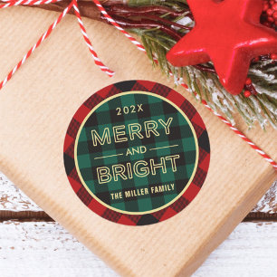 Merry and Bright Gold Green Red Plaid Classic Round Sticker