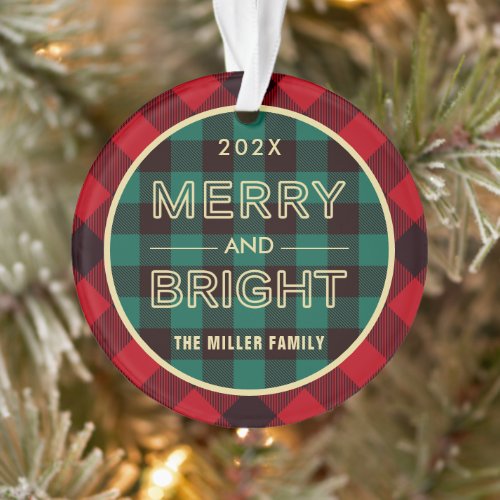 Merry and Bright Gold Green Red Plaid Photo Ornament