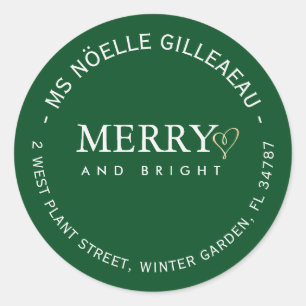 Merry and Bright Gold Heart Green Minimalist Classic Round Sticker
