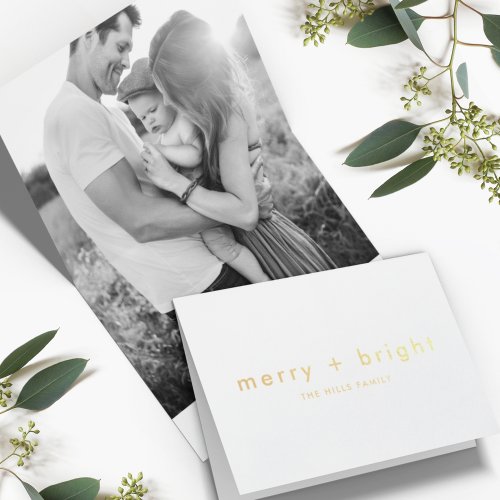 Merry and Bright  Gold Minimal Christmas Photo Foil Card