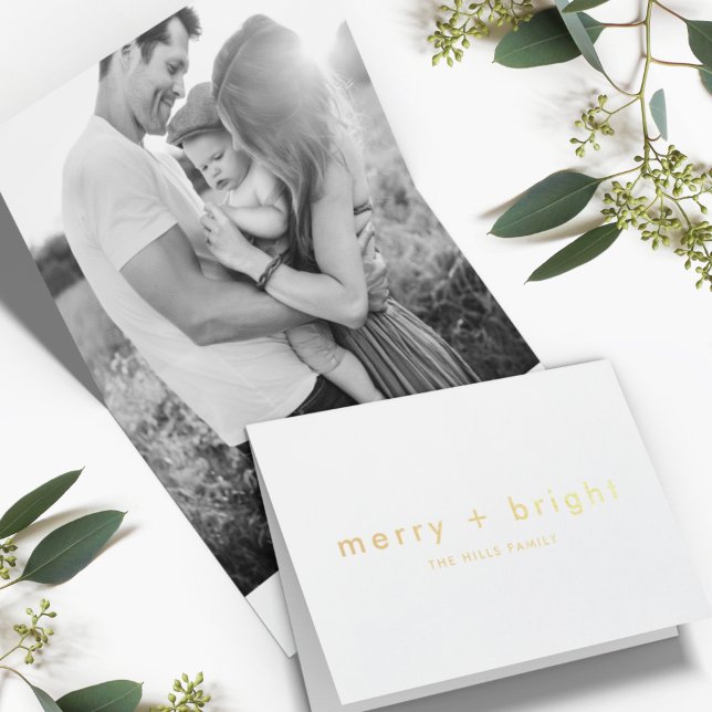 Merry and Bright | Gold Minimal Christmas Photo Foil Card (Creator Uploaded)