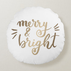 Merry and bright - gold round pillow