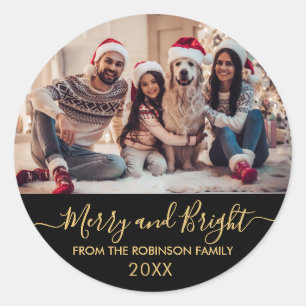 Merry and Bright Gold Script Black Photo Christmas Classic Round Sticker