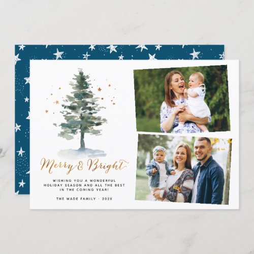Merry and Bright Gold Script Christmas Photo Holiday Card