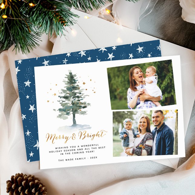 Merry and Bright Gold Script Christmas Photo Holiday Card (Creator Uploaded)