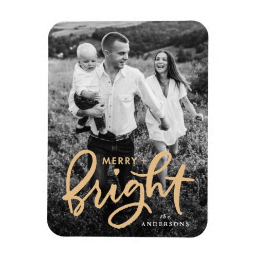 Merry and Bright Gold Script Holiday Photo Magnet