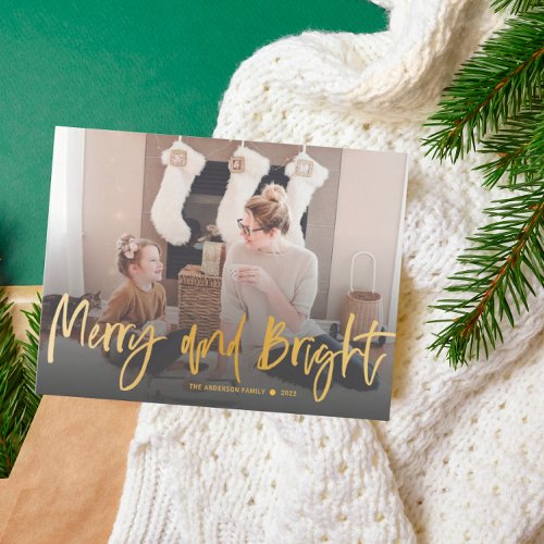 Merry and Bright Gold Script Photo Christmas  Postcard
