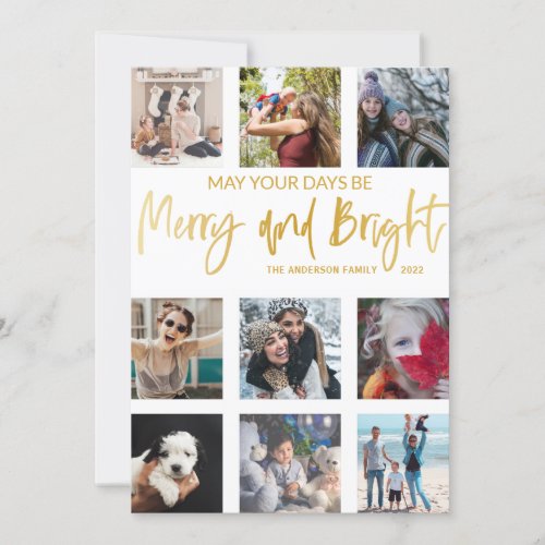 Merry and Bright Gold Script Photo Collage  Holiday Card