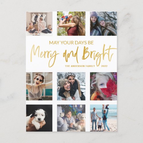Merry and Bright Gold Script Photo Collage  Postcard