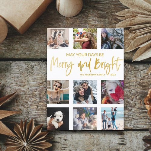 Merry and Bright Gold Script Photo Collage  Postcard