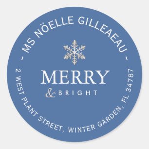Merry and Bright Gold Snowflake Blue Minimalist Classic Round Sticker
