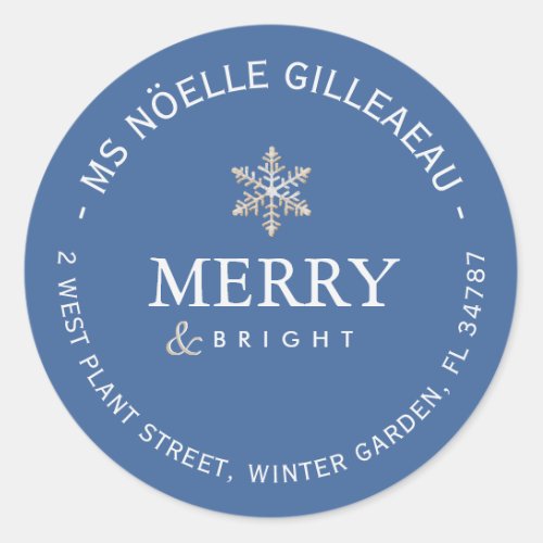 Merry and Bright Gold Snowflake Blue Minimalist  Classic Round Sticker