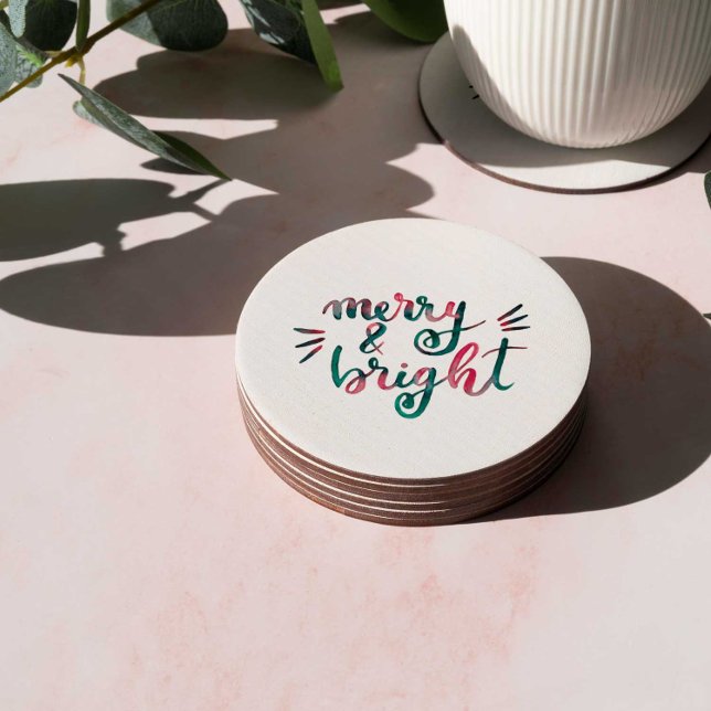 Merry and bright - green and pink round paper coaster (Creator Uploaded)