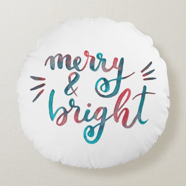 Merry and bright - green and red round pillow (Front)