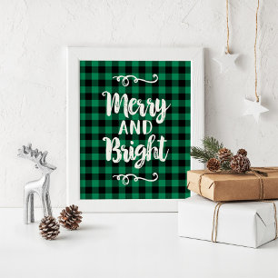Merry and Bright Green Buffalo Plaid Christmas Poster
