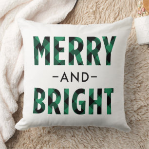 Merry and Bright Green Buffalo Plaid Christmas Throw Pillow