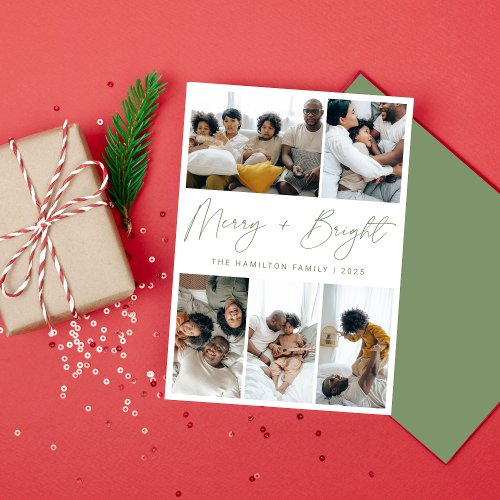 Merry and Bright Green Calligraphy Christmas Photo Holiday Card