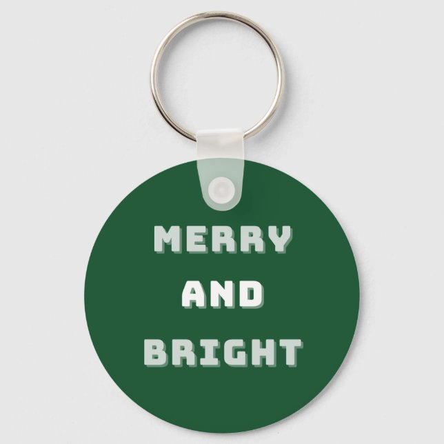 Merry and Bright, Green Christmas Art, Holiday Keychain (Front)