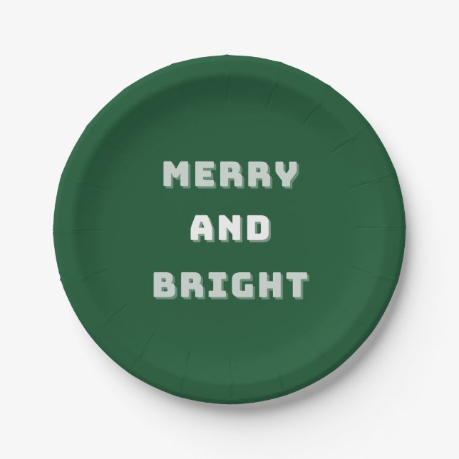 Merry and Bright, Green Christmas Art, Holiday Paper Plates (Front)