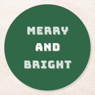 Merry and Bright, Green Christmas Art, Holiday Round Paper Coaster