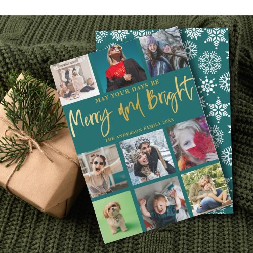 Merry and Bright Green  Faux Gold Photo Christmas Holiday Card