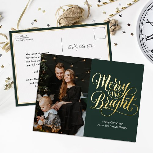 Merry and Bright Green Gold Calligraphy Photo Foil Holiday Postcard