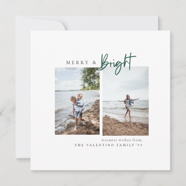 Merry and Bright Green Modern Minimalist Photo Holiday Card (Front)