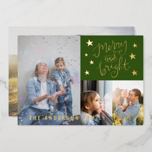 Merry and Bright Green Personalized 4 Photo Gold Foil Holiday Card