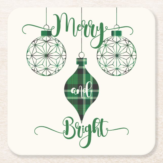 Merry and Bright Green Plaid Ornament Square Paper Coaster (Front)