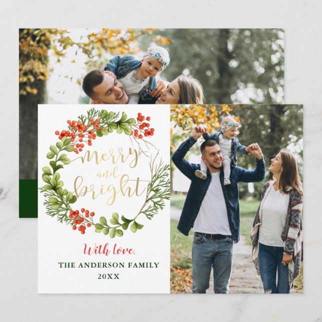 Merry and Bright Greenery Holly Wreath 2 Photo Holiday Card (Front/Back)