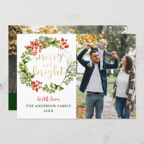Merry and Bright Greenery Holly Wreath 2 Photo Holiday Card