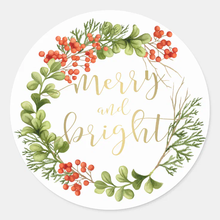 Merry And Bright Greenery Wreath Holiday Classic Round Sticker Zazzle 9669