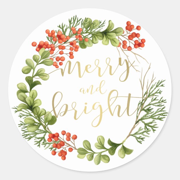 Merry And Bright Greenery Wreath Holiday Classic Round Sticker