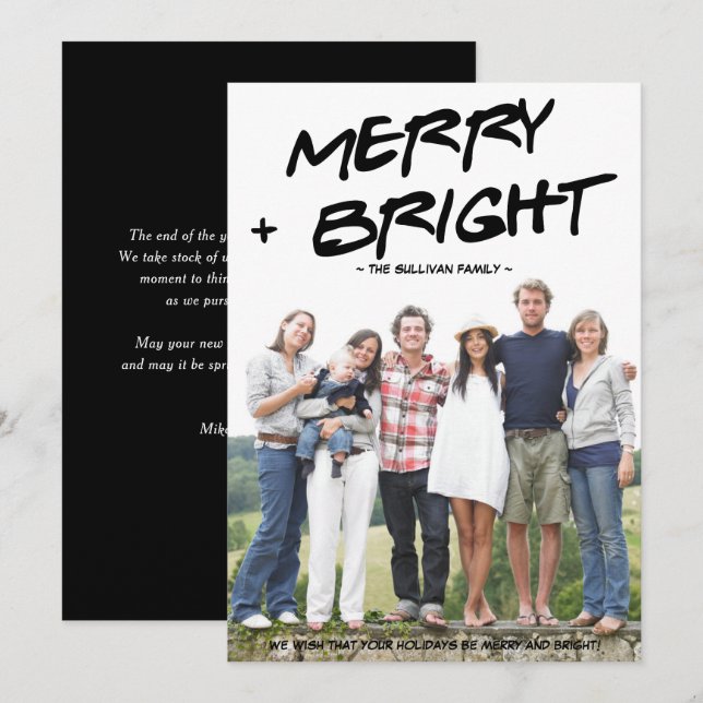Merry and Bright Hand Brushed Typography Photo Holiday Card (Front/Back)