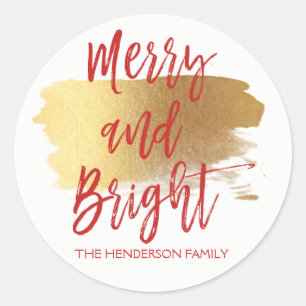 Merry and Bright Hand Lettered Script Christmas Classic Round Sticker