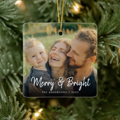 Merry and Bright  Happy Family Christmas Photo Ceramic Ornament