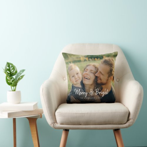 Merry and Bright  Happy Family Christmas Photo Throw Pillow