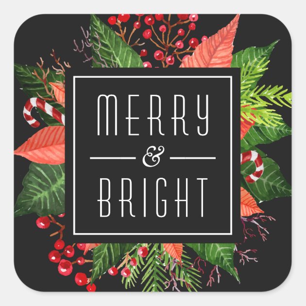 Merry And Bright Happy Holiday Christmas Botanical Square Sticker