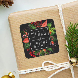 Merry and Bright Happy Holiday Christmas Botanical Square Sticker