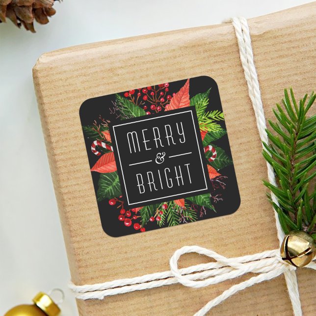 Merry and Bright Happy Holiday Christmas Botanical Square Sticker (Creator Uploaded)