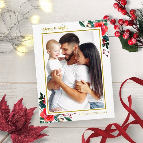 Merry And Bright Holiday Christmas Floral Photo Postcard