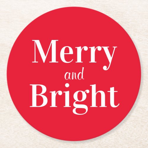 Merry and Bright Holiday Christmas Red  Round Paper Coaster