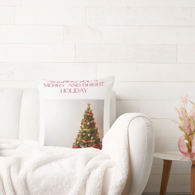 Merry and Bright Holiday Christmas Tree Throw Pill Throw Pillow (Couch)