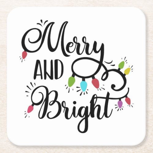 merry and bright holiday lights square paper coaster