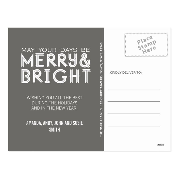 MERRY AND BRIGHT HOLIDAY PHOTO POSTCARD GREY