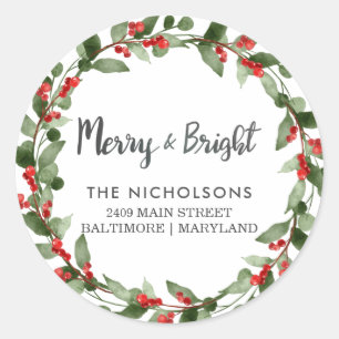 Merry And Bright Holiday Wreath Return Address Classic Round Sticker