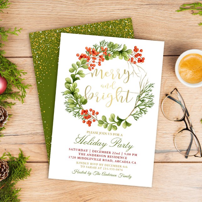 Merry and Bright Holly Berries Holiday Party Invitation (Creator Uploaded)